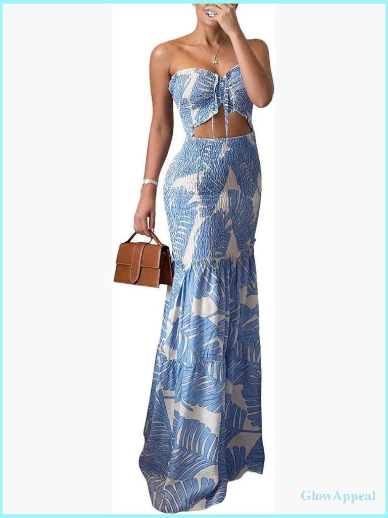 Floral Halter Ruched Bandeau Mermaid Maxi Dress Slim Ruffle Hem Party Guest